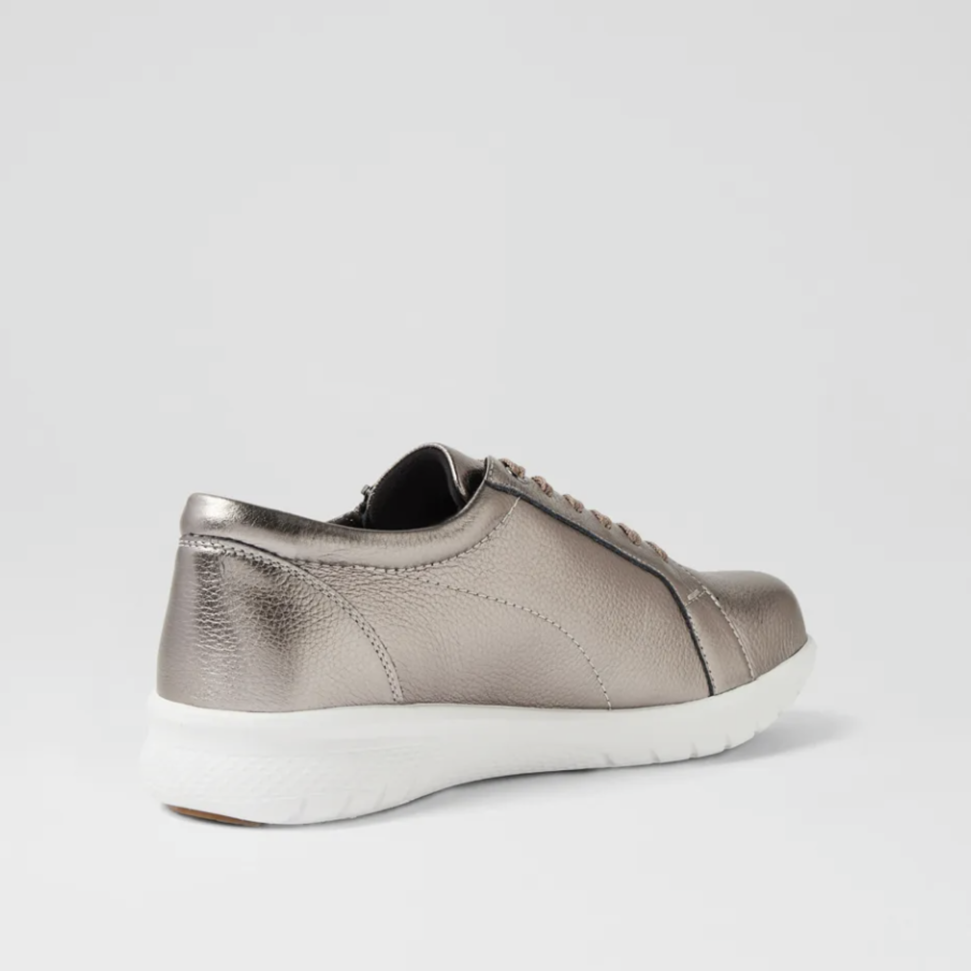 A metallic taupe leather low-top sneaker with a white sole, shown from a three-quarters rear angle on a light gray background.